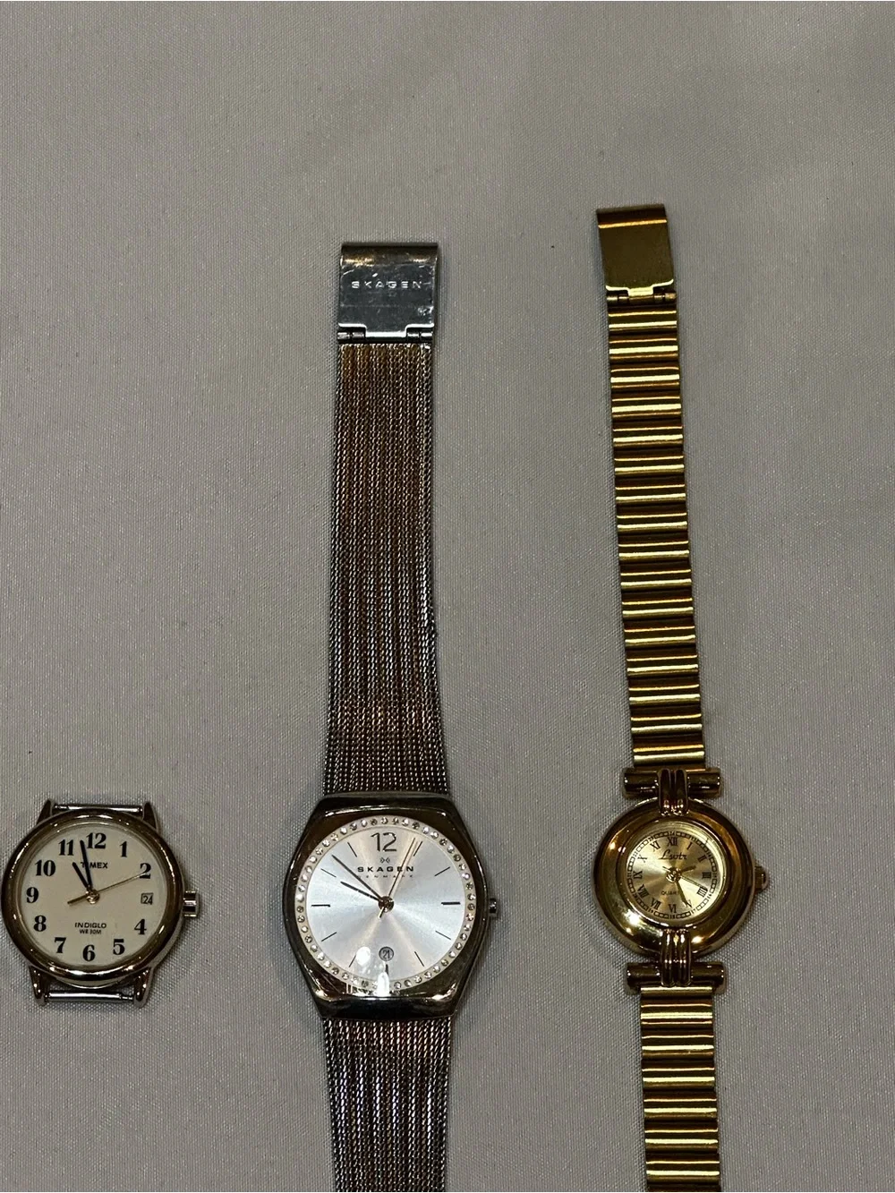 Watch Bundle: Timex Face, Two Tone Skagen and Gold Tone Lotus. Vintage inspired.